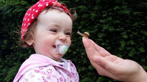 A little girl with a pacifier laughing at a snail