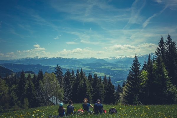 A family camping in the mountains